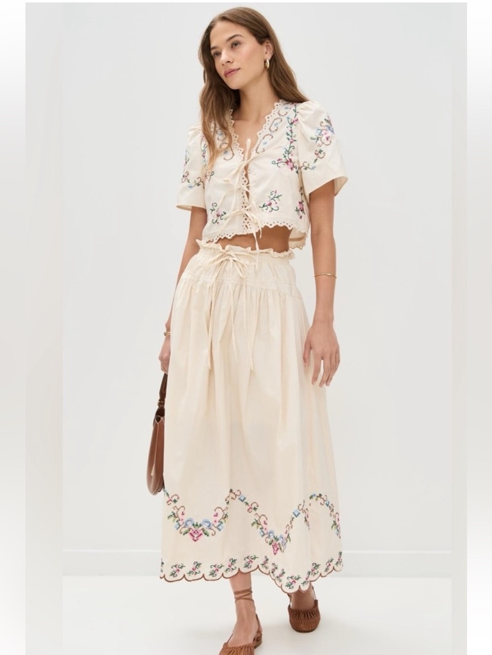 Moon River Ivory Embroidered Cross Stitch Midi Skirt & Top 2-piece set S Sezane